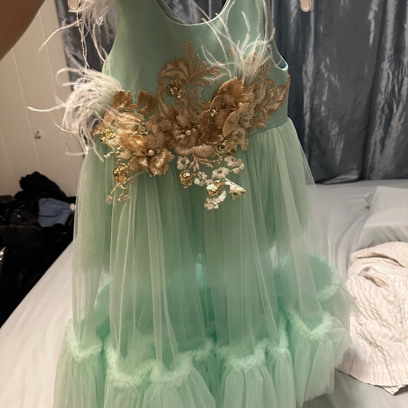 Mint Green Tulle Dress with Gold Floral Embellishments - Picture 1 of 1